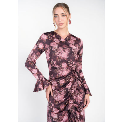 Valerie Midi Dress Burgundy Pink Flower Adina LV