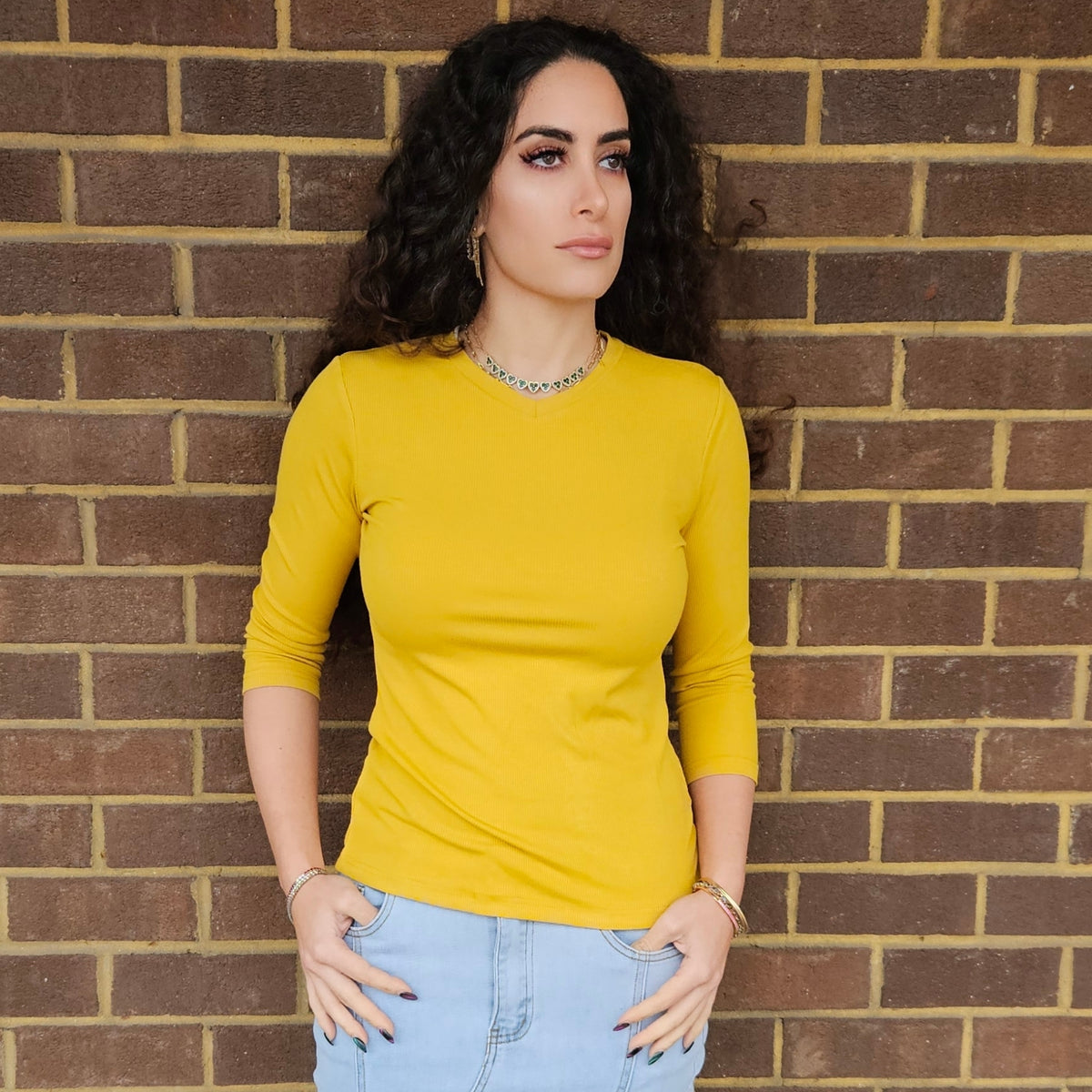 Mustard V Neck Microribbed Tshirt