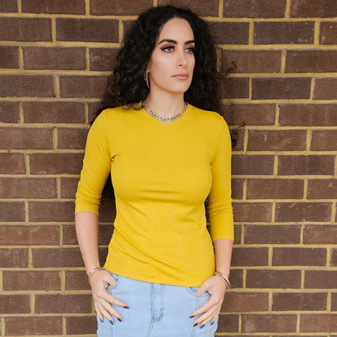Mustard V Neck Microribbed Tshirt