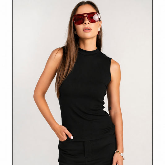 Mock Neck Sleeveless Tee Black