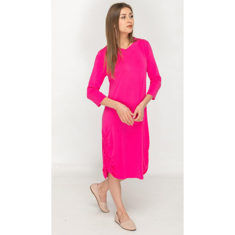V Neck Ruched Hot Pink Bamboo Dress