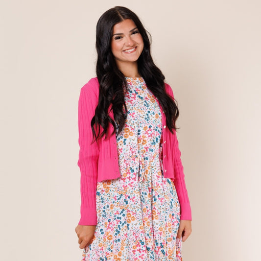 Pink Ribbed Crew Neck Cardigan Lilac Teen - The Mimi Boutique