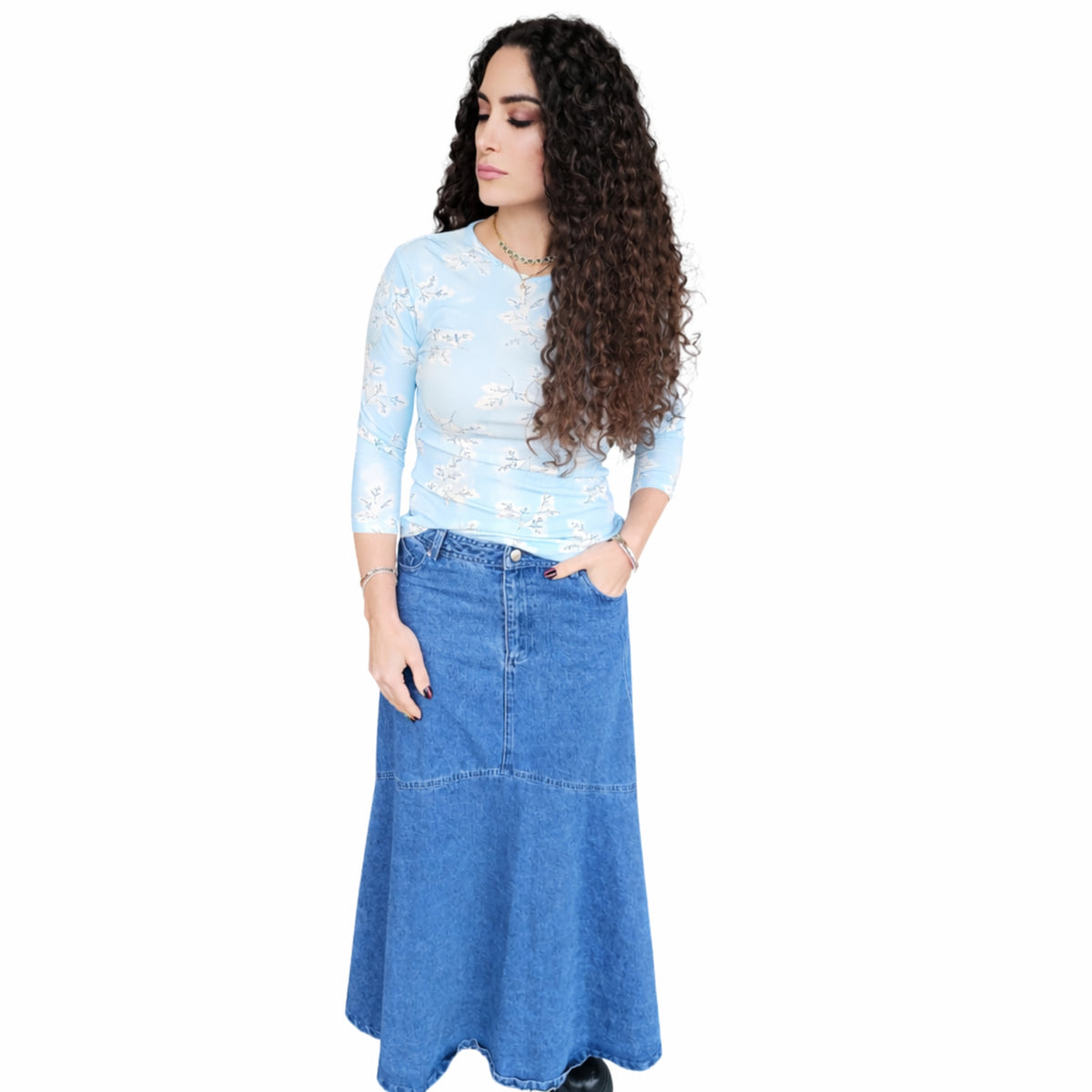 Aqua Branches Microribbed V neck Tee