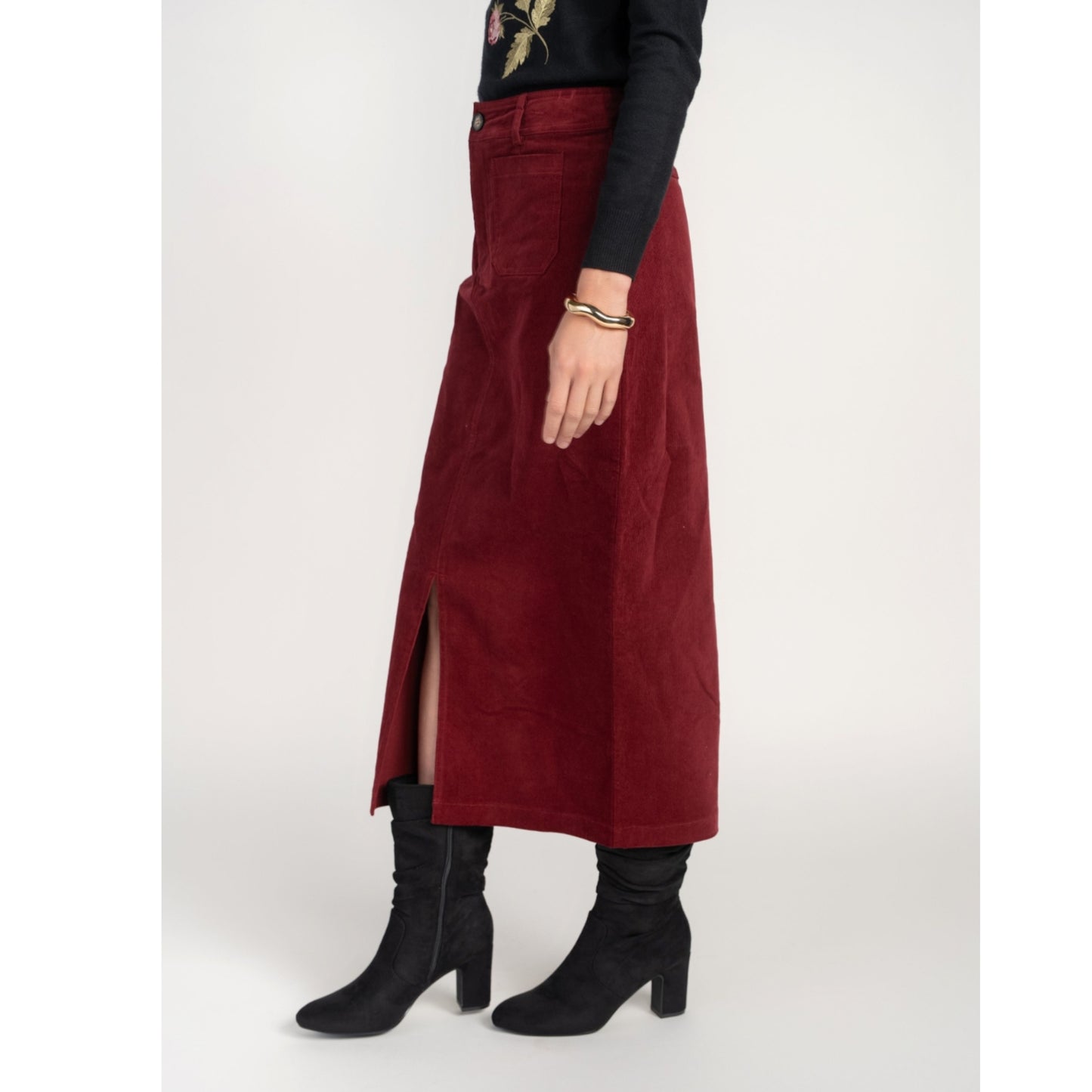 Pocket Midi Skirt Cherry Lacquer Corduroy