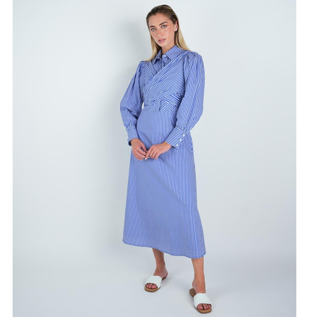Blue Stripe Mock Wrap Dress - The Mimi Boutique