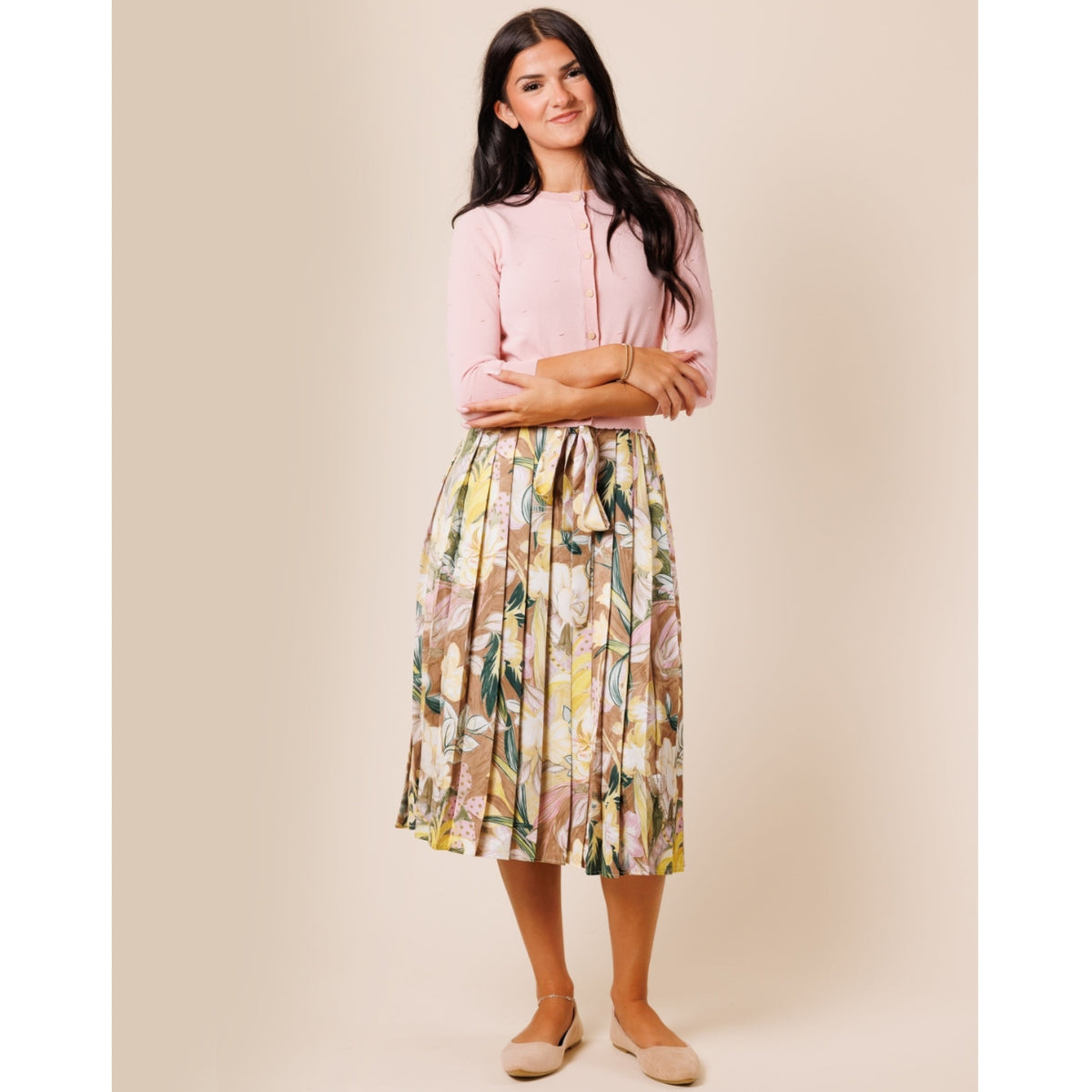 Pleated Belted Tan & Yellow Skirt Lilac Teen