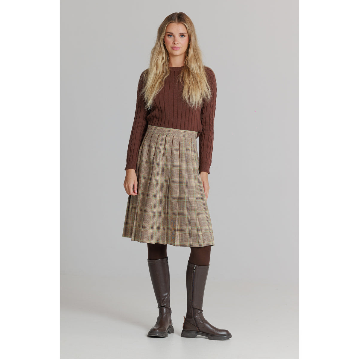 Plaid Pleated Skirt Tan - The Mimi Boutique