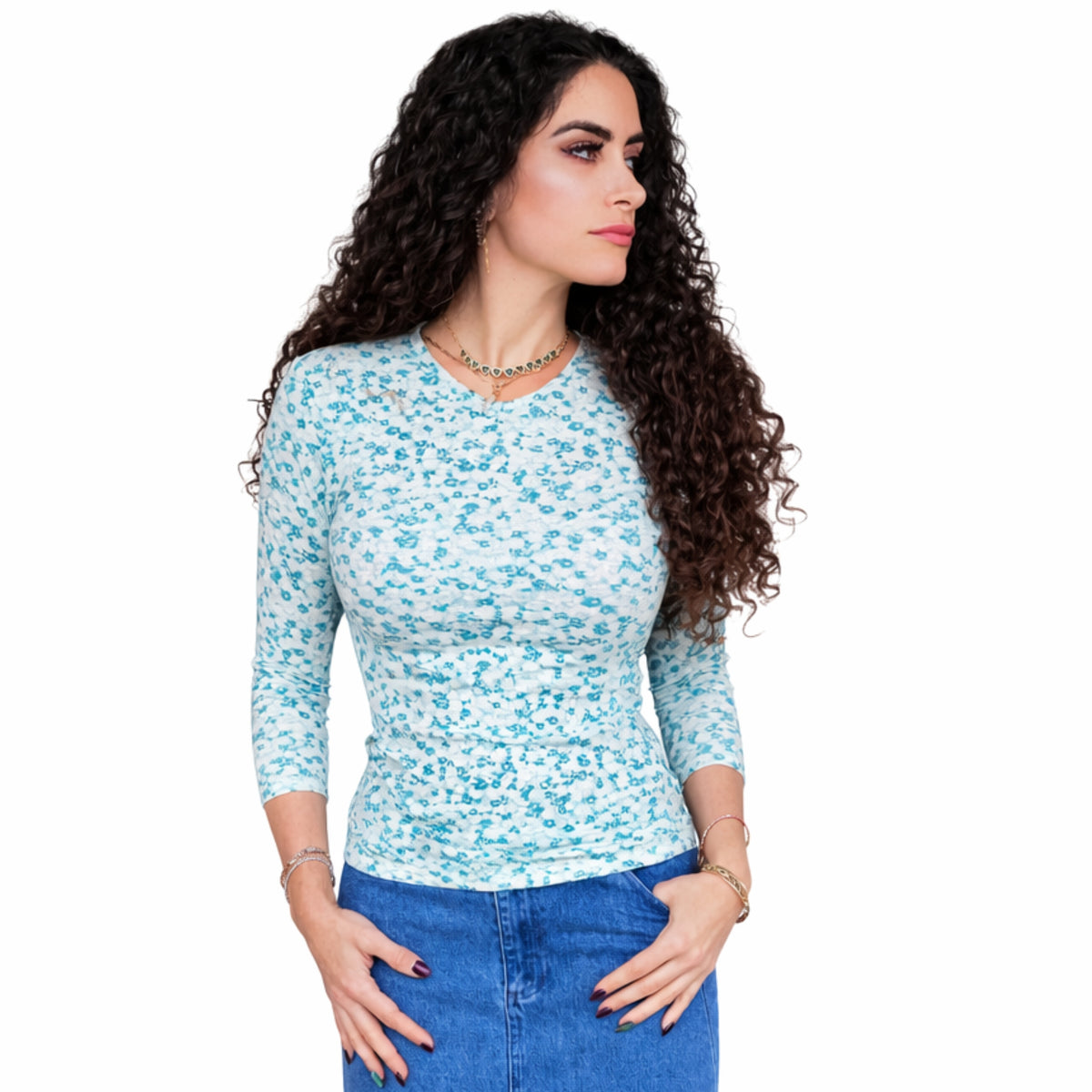 Green Floral Microribbed V neck Tee