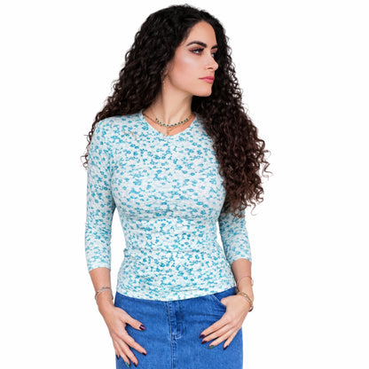 Green Floral Microribbed V neck Tee