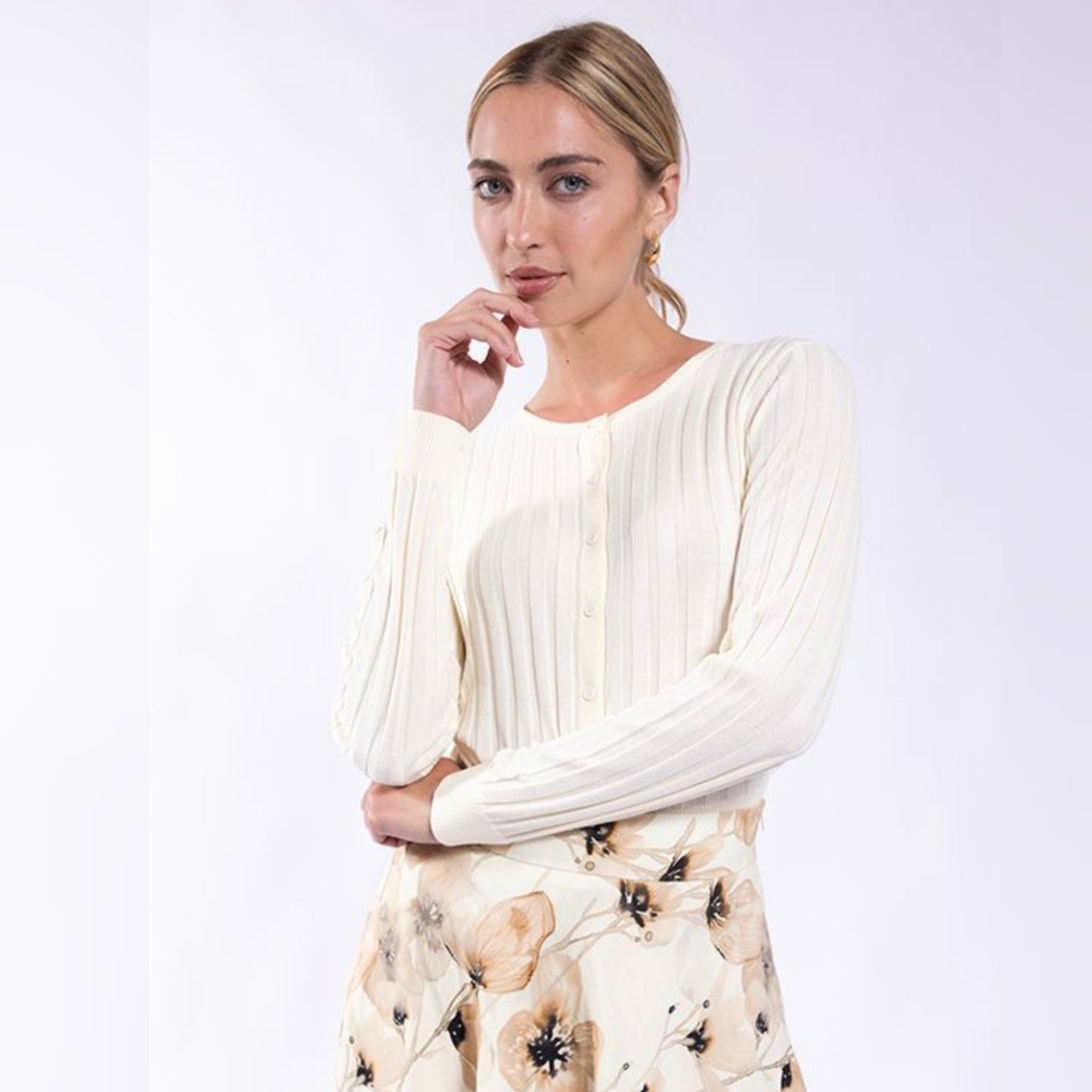 Cream Basic Ribbed Knit Cardigan