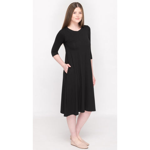 V Neck Solid Black Jersey Dress