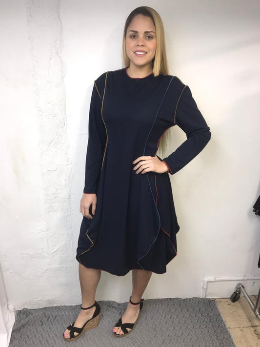 Rainbow Thread Drape Dress: Navy - The Mimi Boutique