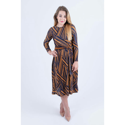 Navy & Rust Pleated Satin Dress - The Mimi Boutique