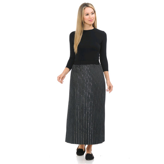 Pleated Maxi Skirt By Ivee: Black Silver Velvet