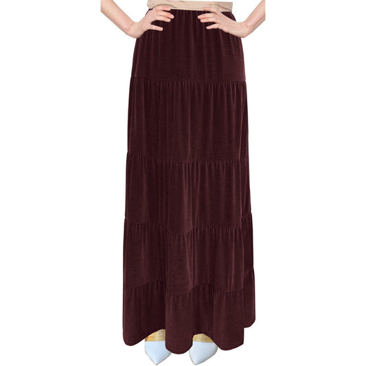 Velvet Tiered Maxi Skirt: Burgundy