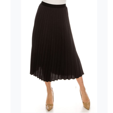 Pleated Crepe Midi Skirt by Yal: Black/ Grey Stripes