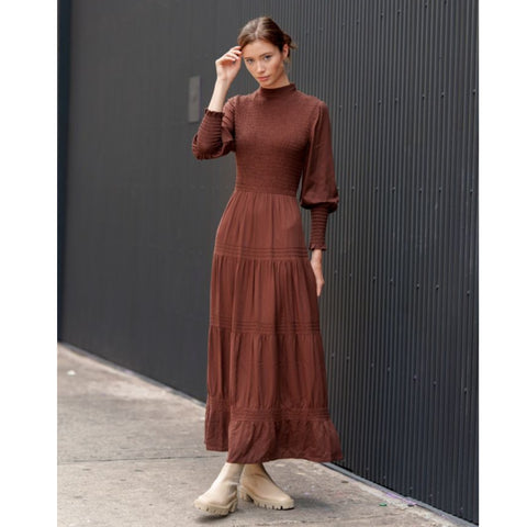 Smocked Cotton Maxi: Brown