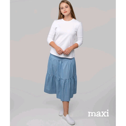 Chambray Blue Tiered Maxi Skirt by Lilac