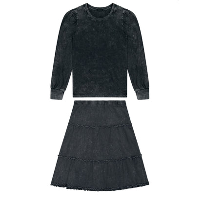 Sabrina Stonewash 3 Tiered Skirt: Black