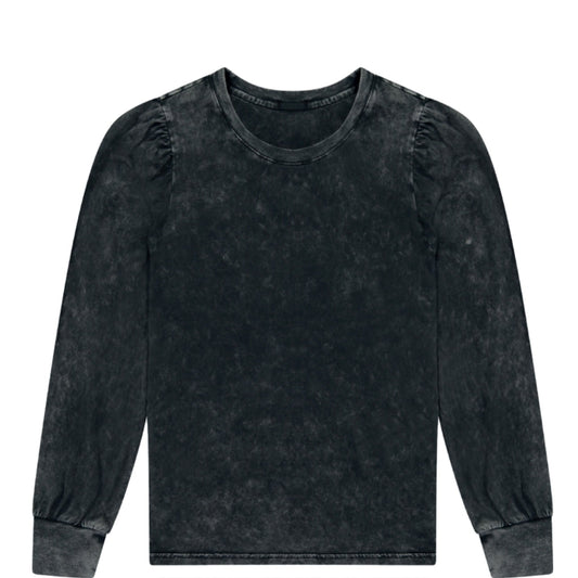 Black Stonewash Sabrina Puff Sleeve T Shirt