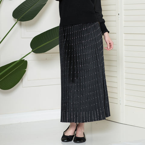 Silver Flecked Velvet Midi Skirt: Black
