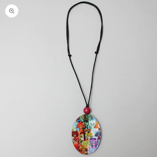 Multi Color Decoupage Cat Necklace: Sylca