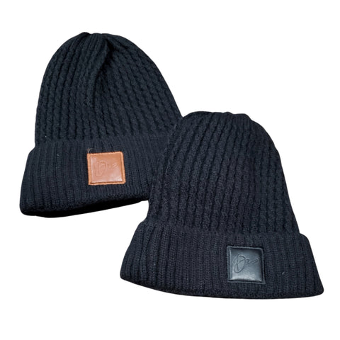 Dacee Cuffed Winter Cable Beanie: Leather Patch