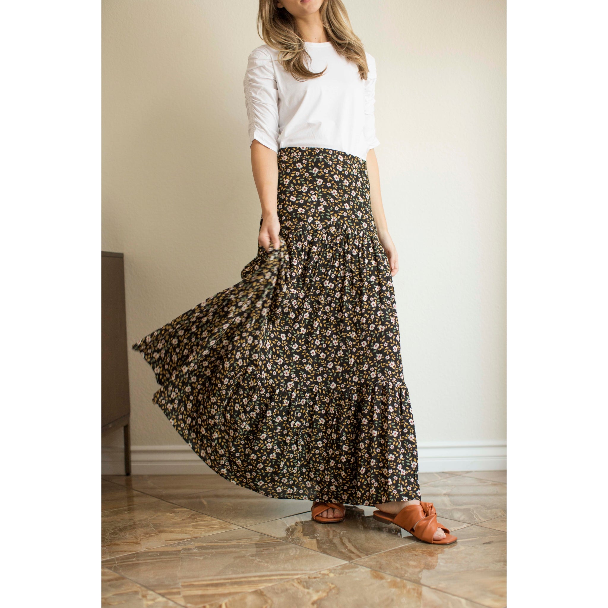 Ivory Floral Print Skirt  ButtonFront Skirt  Tiered Maxi Skirt  Lulus