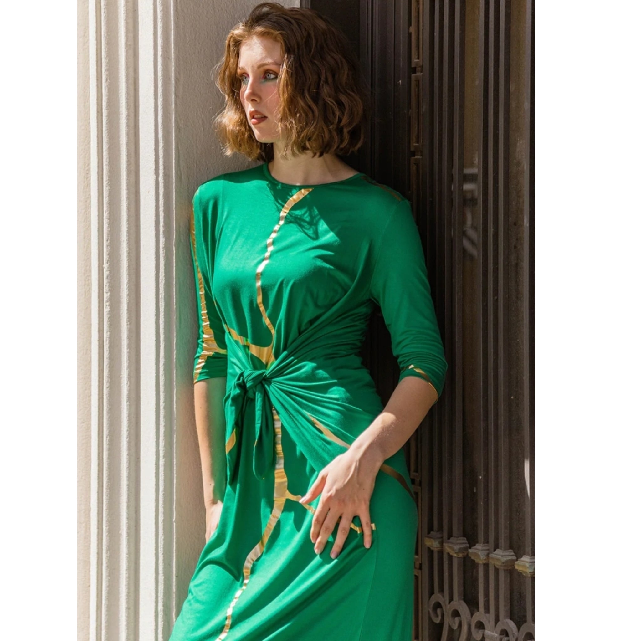 Boho Midi Dress By Mikah: Green/Gold Boho Midi Dress By Mikah: Green/Gold