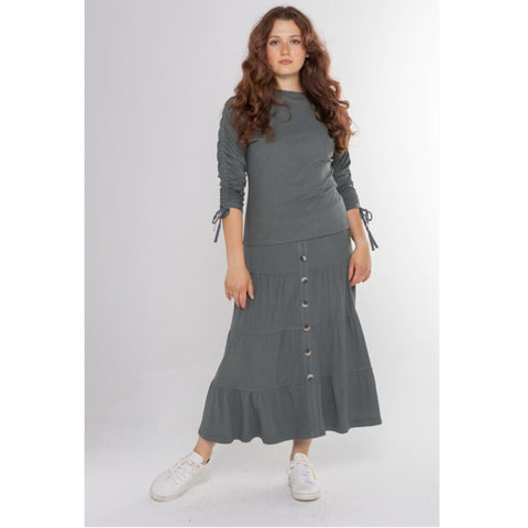 Micro Ribbed Tiered Button Skirt Sage